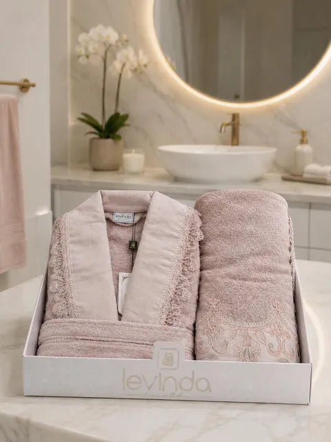 Ensemble Peignoir Femme  Levinda Havlu-Set 3 Pièces Coton Luxe Brodé