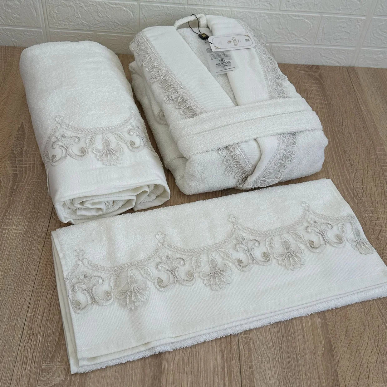 Ensemble Peignoir Femme  Levinda Havlu-Set 3 Pièces Coton Luxe Brodé